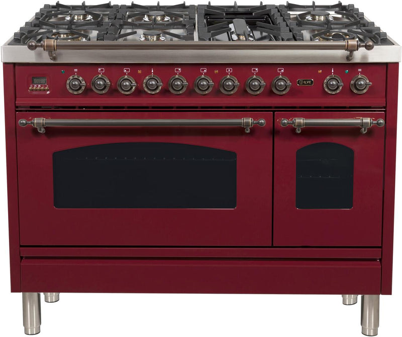 ILVE 48" Nostalgie - Dual Fuel Range with 7 Sealed Burners - 5 cu. ft. Oven - Griddle with Bronze Trim in Burgundy (UPN120FDMPRBY) Ranges ILVE 