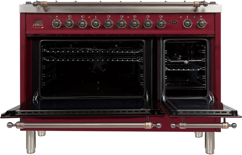 ILVE 48" Nostalgie - Dual Fuel Range with 7 Sealed Burners - 5 cu. ft. Oven - Griddle with Bronze Trim in Burgundy (UPN120FDMPRBY) Ranges ILVE 