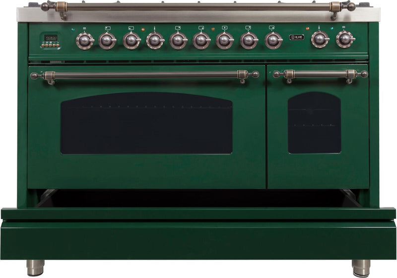 ILVE 48" Nostalgie - Dual Fuel Range with 7 Sealed Burners - 5 cu. ft. Oven - Griddle with Bronze Trim in Emerald Green (UPN120FDMPVSY) Ranges ILVE 