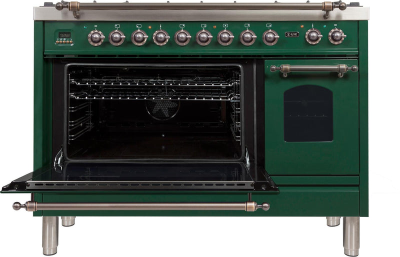 ILVE 48" Nostalgie - Dual Fuel Range with 7 Sealed Burners - 5 cu. ft. Oven - Griddle with Bronze Trim in Emerald Green (UPN120FDMPVSY) Ranges ILVE 