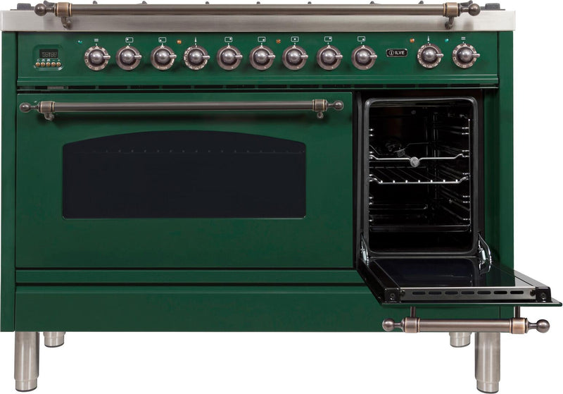ILVE 48" Nostalgie - Dual Fuel Range with 7 Sealed Burners - 5 cu. ft. Oven - Griddle with Bronze Trim in Emerald Green (UPN120FDMPVSY) Ranges ILVE 