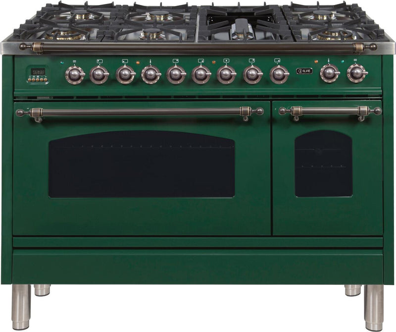 ILVE 48" Nostalgie - Dual Fuel Range with 7 Sealed Burners - 5 cu. ft. Oven - Griddle with Bronze Trim in Emerald Green (UPN120FDMPVSY) Ranges ILVE 