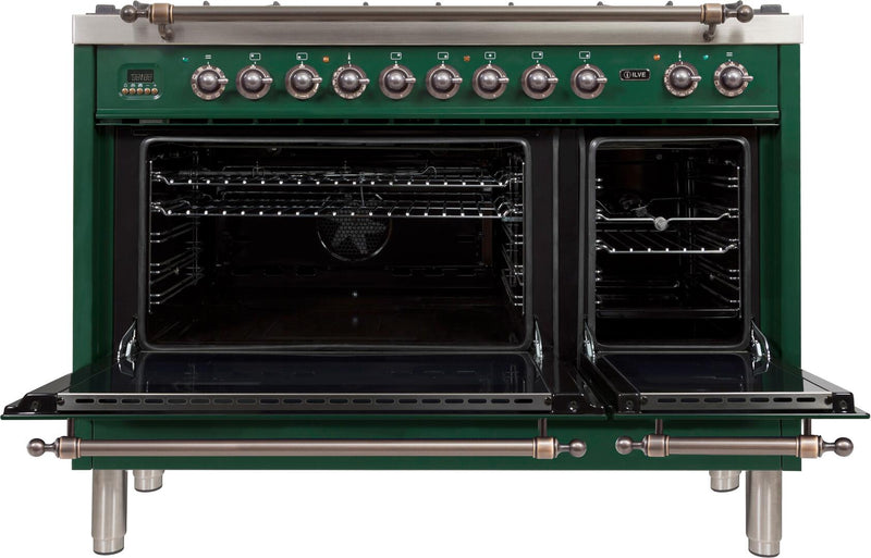 ILVE 48" Nostalgie - Dual Fuel Range with 7 Sealed Burners - 5 cu. ft. Oven - Griddle with Bronze Trim in Emerald Green (UPN120FDMPVSY) Ranges ILVE 