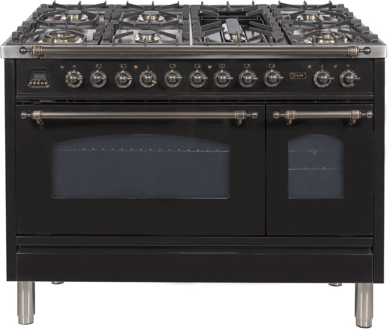 ILVE 48" Nostalgie - Dual Fuel Range with 7 Sealed Burners - 5 cu. ft. Oven - Griddle with Bronze Trim in Glossy Black (UPN120FDMPNY) Ranges ILVE 