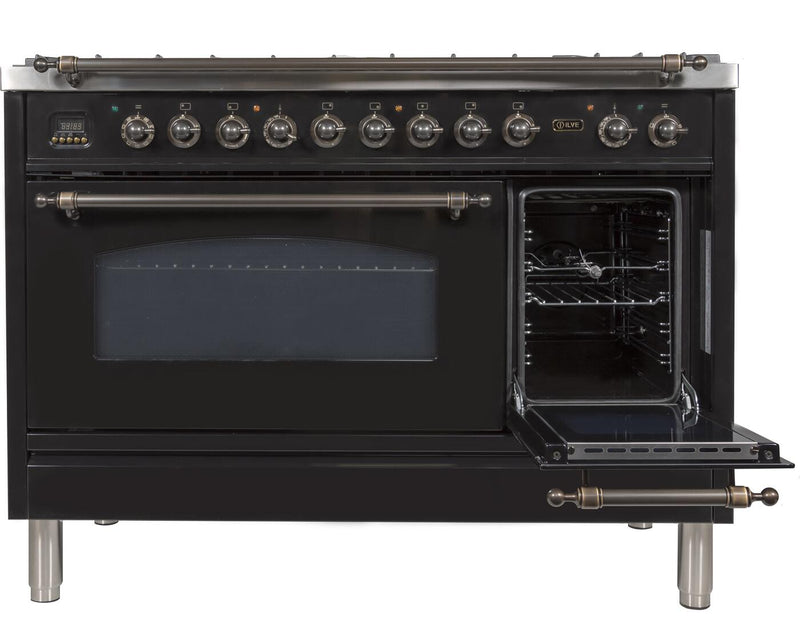 ILVE 48" Nostalgie - Dual Fuel Range with 7 Sealed Burners - 5 cu. ft. Oven - Griddle with Bronze Trim in Glossy Black (UPN120FDMPNY) Ranges ILVE 