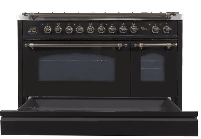 ILVE 48" Nostalgie - Dual Fuel Range with 7 Sealed Burners - 5 cu. ft. Oven - Griddle with Bronze Trim in Glossy Black (UPN120FDMPNY) Ranges ILVE 