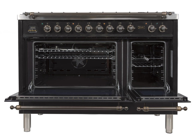 ILVE 48" Nostalgie - Dual Fuel Range with 7 Sealed Burners - 5 cu. ft. Oven - Griddle with Bronze Trim in Glossy Black (UPN120FDMPNY) Ranges ILVE 