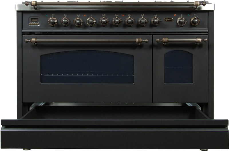 ILVE 48" Nostalgie - Dual Fuel Range with 7 Sealed Burners - 5 cu. ft. Oven - Griddle with Bronze Trim in Matte Graphite (UPN120FDMPMY) Ranges ILVE 