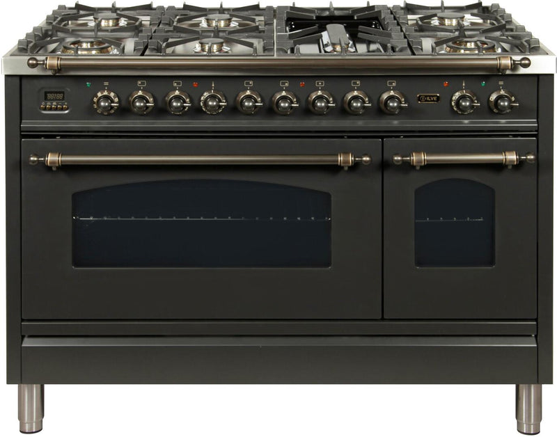 ILVE 48" Nostalgie - Dual Fuel Range with 7 Sealed Burners - 5 cu. ft. Oven - Griddle with Bronze Trim in Matte Graphite (UPN120FDMPMY) Ranges ILVE 