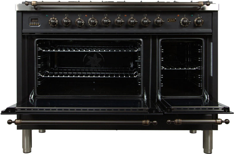 ILVE 48" Nostalgie - Dual Fuel Range with 7 Sealed Burners - 5 cu. ft. Oven - Griddle with Bronze Trim in Matte Graphite (UPN120FDMPMY) Ranges ILVE 