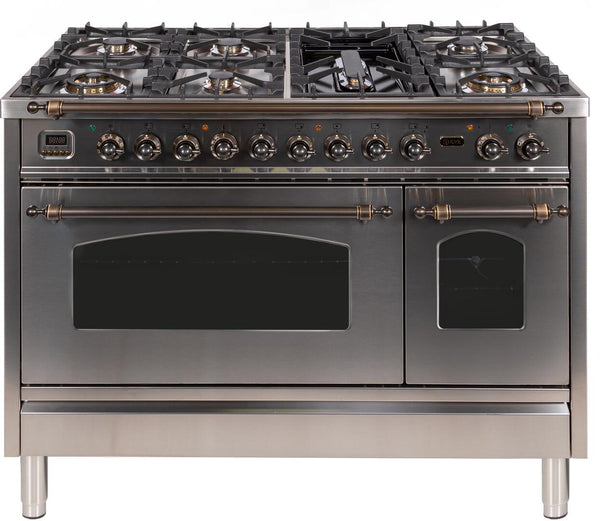 ILVE 48" Nostalgie - Dual Fuel Range with 7 Sealed Burners - 5 cu. ft. Oven - Griddle with Bronze Trim in Stainless Steel (UPN120FDMPIY) Ranges ILVE 