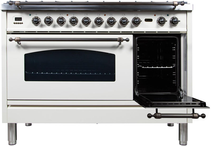 ILVE 48" Nostalgie - Dual Fuel Range with 7 Sealed Burners - 5 cu. ft. Oven - Griddle with Bronze Trim in White (UPN120FDMPBY) Ranges ILVE 