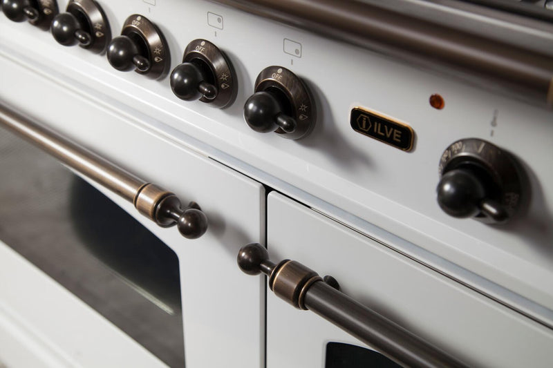 ILVE 48" Nostalgie - Dual Fuel Range with 7 Sealed Burners - 5 cu. ft. Oven - Griddle with Bronze Trim in White (UPN120FDMPBY) Ranges ILVE 