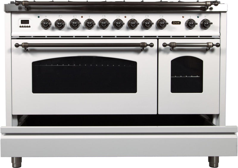 ILVE 48" Nostalgie - Dual Fuel Range with 7 Sealed Burners - 5 cu. ft. Oven - Griddle with Bronze Trim in White (UPN120FDMPBY) Ranges ILVE 