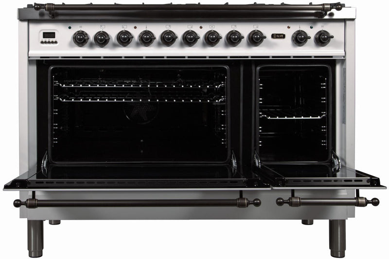 ILVE 48" Nostalgie - Dual Fuel Range with 7 Sealed Burners - 5 cu. ft. Oven - Griddle with Bronze Trim in White (UPN120FDMPBY) Ranges ILVE 