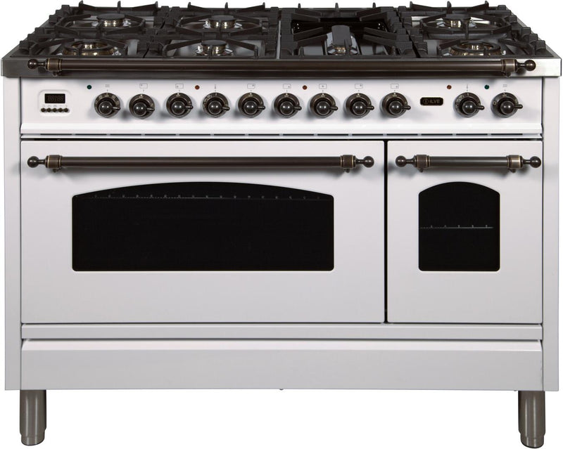 ILVE 48" Nostalgie - Dual Fuel Range with 7 Sealed Burners - 5 cu. ft. Oven - Griddle with Bronze Trim in White (UPN120FDMPBY) Ranges ILVE 