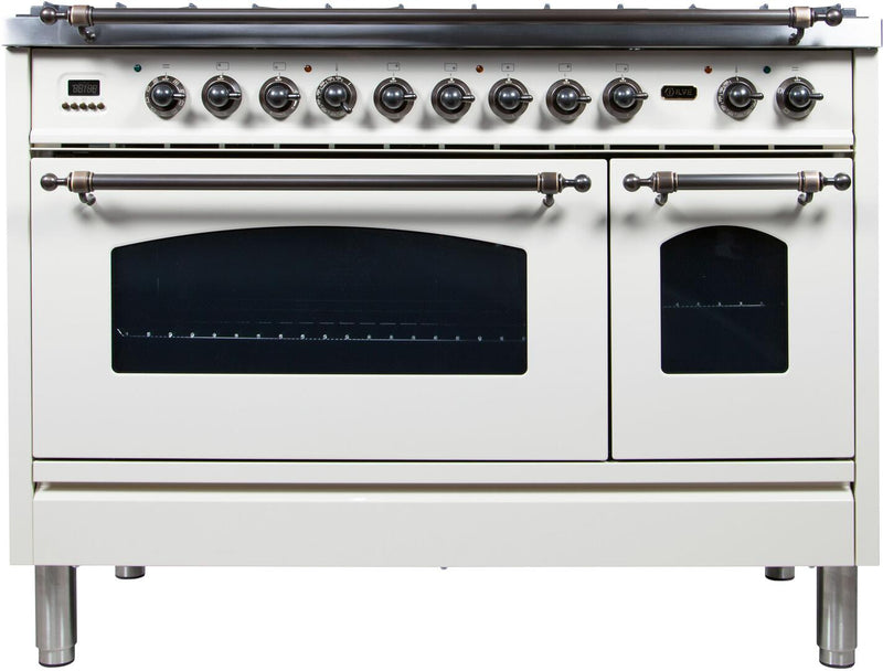 ILVE 48" Nostalgie - Dual Fuel Range with 7 Sealed Burners - 5 cu. ft. Oven - Griddle with Bronze Trim in White (UPN120FDMPBY) Ranges ILVE 