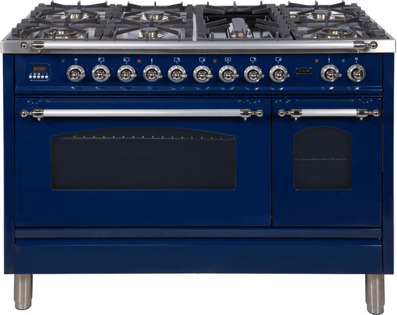 ILVE 48" Nostalgie - Dual Fuel Range with 7 Sealed Burners - 5 cu. ft. Oven - Griddle with Chrome Trim in Blue (UPN120FDMPBLX) Ranges ILVE 