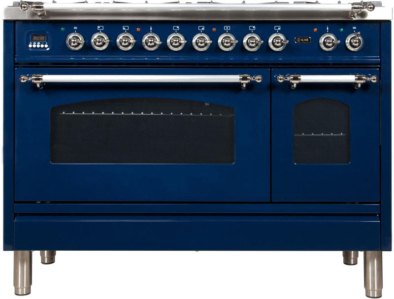 ILVE 48" Nostalgie - Dual Fuel Range with 7 Sealed Burners - 5 cu. ft. Oven - Griddle with Chrome Trim in Blue (UPN120FDMPBLX) Ranges ILVE 