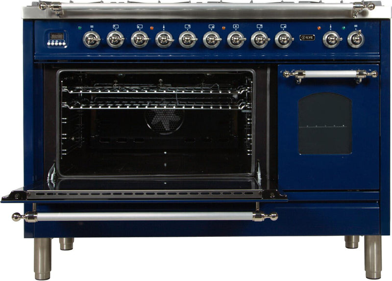 ILVE 48" Nostalgie - Dual Fuel Range with 7 Sealed Burners - 5 cu. ft. Oven - Griddle with Chrome Trim in Blue (UPN120FDMPBLX) Ranges ILVE 