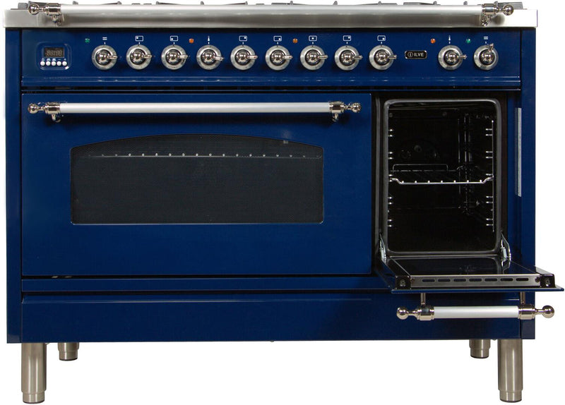 ILVE 48" Nostalgie - Dual Fuel Range with 7 Sealed Burners - 5 cu. ft. Oven - Griddle with Chrome Trim in Blue (UPN120FDMPBLX) Ranges ILVE 