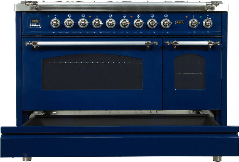 ILVE 48" Nostalgie - Dual Fuel Range with 7 Sealed Burners - 5 cu. ft. Oven - Griddle with Chrome Trim in Blue (UPN120FDMPBLX) Ranges ILVE 