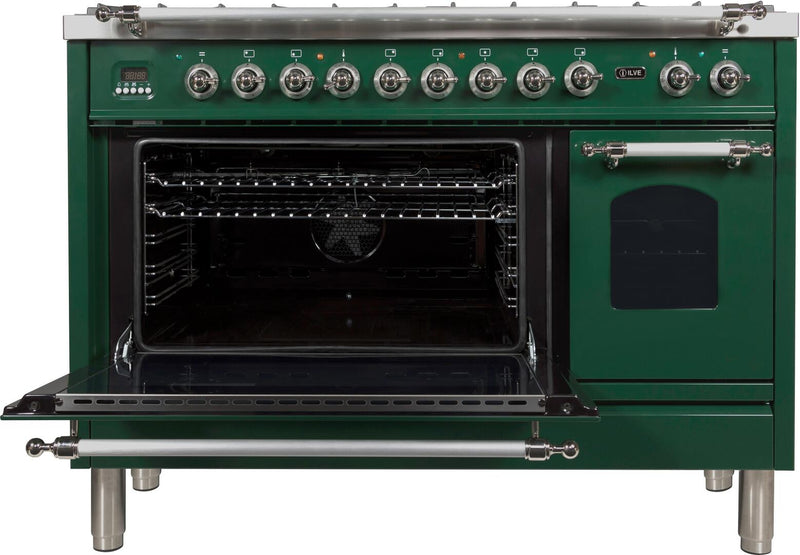 ILVE 48" Nostalgie - Dual Fuel Range with 7 Sealed Burners - 5 cu. ft. Oven - Griddle with Chrome Trim in Emerald Green (UPN120FDMPVSX) Ranges ILVE 