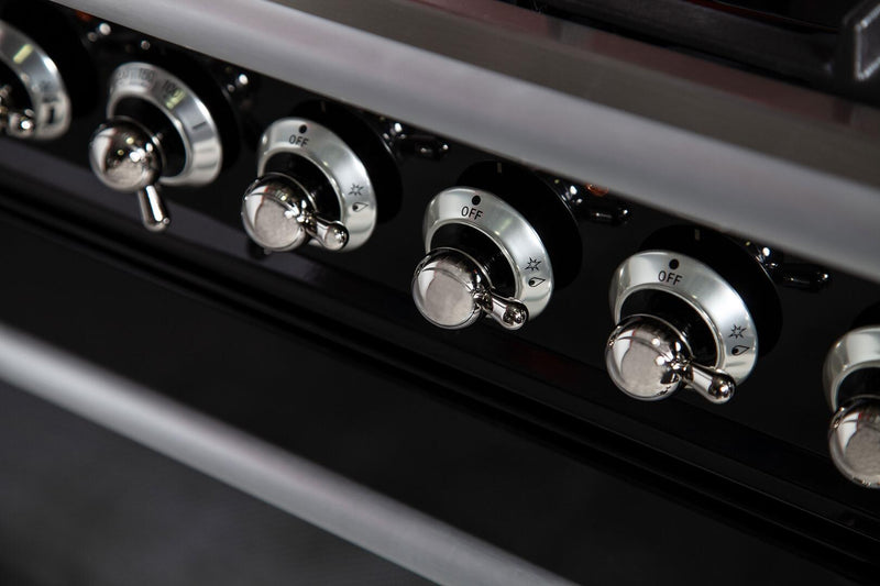 ILVE 48" Nostalgie - Dual Fuel Range with 7 Sealed Burners - 5 cu. ft. Oven - Griddle with Chrome Trim in Glossy Black (UPN120FDMPNX) Ranges ILVE 