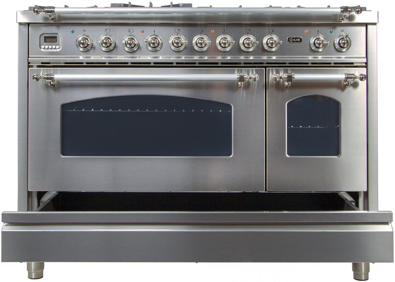 ILVE 48" Nostalgie - Dual Fuel Range with 7 Sealed Burners - 5 cu. ft. Oven - Griddle with Chrome Trim in Stainless Steel (UPN120FDMPIX) Ranges ILVE 