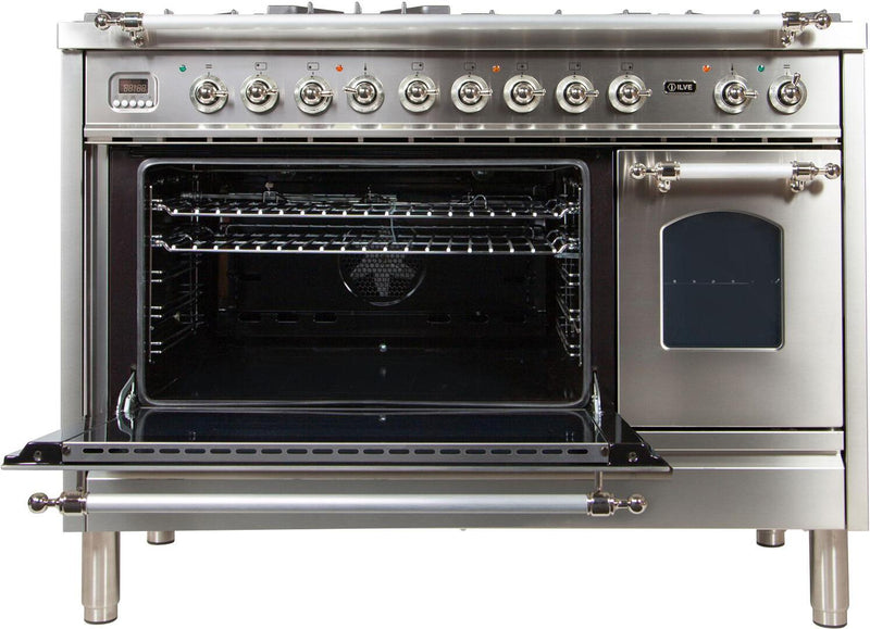 ILVE 48" Nostalgie - Dual Fuel Range with 7 Sealed Burners - 5 cu. ft. Oven - Griddle with Chrome Trim in Stainless Steel (UPN120FDMPIX) Ranges ILVE 