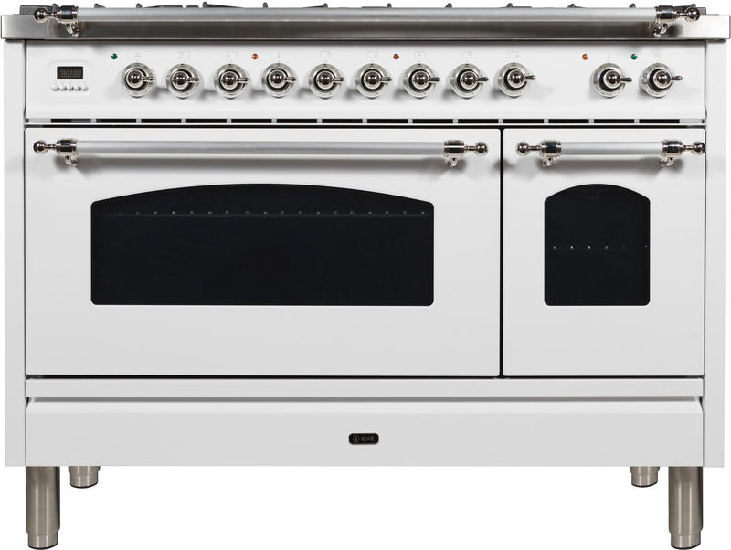 ILVE 48" Nostalgie - Dual Fuel Range with 7 Sealed Burners - 5 cu. ft. Oven - Griddle with Chrome Trim in White (UPN120FDMPBX) Ranges ILVE 