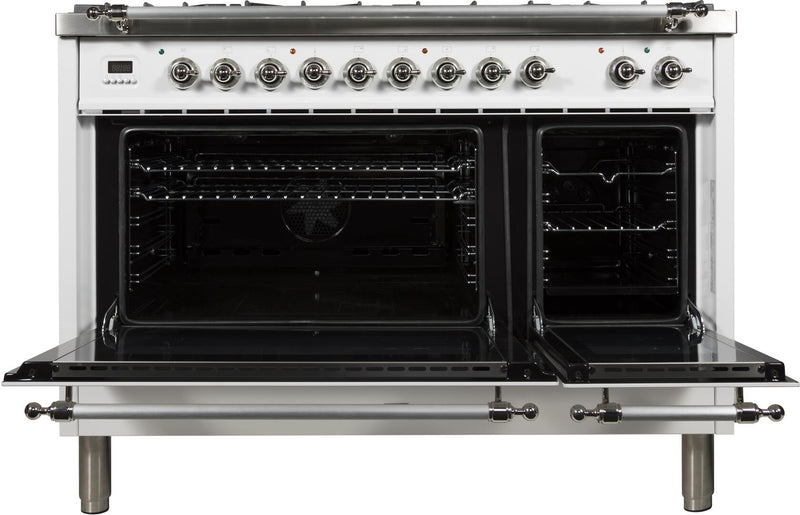 ILVE 48" Nostalgie - Dual Fuel Range with 7 Sealed Burners - 5 cu. ft. Oven - Griddle with Chrome Trim in White (UPN120FDMPBX) Ranges ILVE 