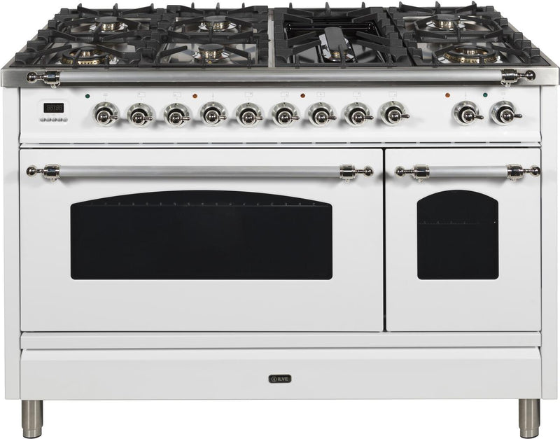 ILVE 48" Nostalgie - Dual Fuel Range with 7 Sealed Burners - 5 cu. ft. Oven - Griddle with Chrome Trim in White (UPN120FDMPBX) Ranges ILVE 