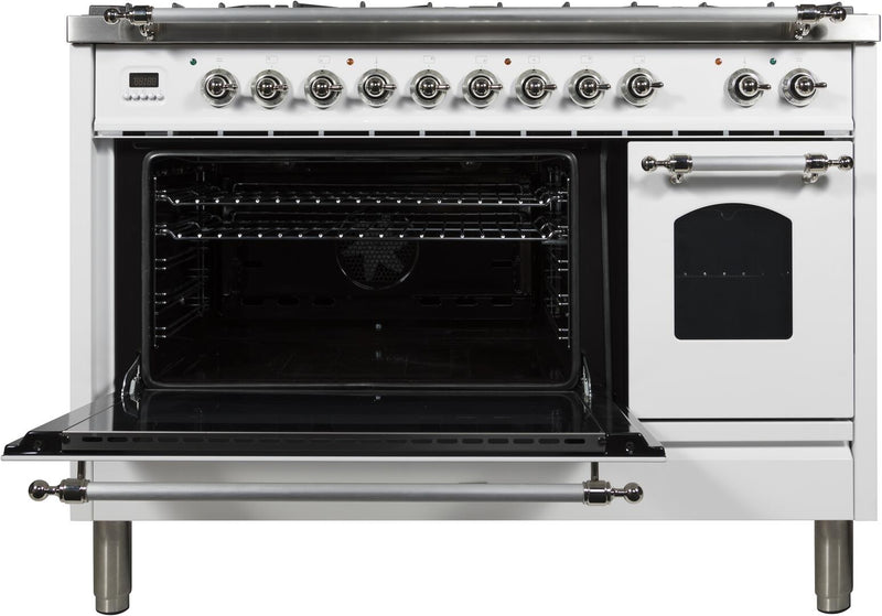 ILVE 48" Nostalgie - Dual Fuel Range with 7 Sealed Burners - 5 cu. ft. Oven - Griddle with Chrome Trim in White (UPN120FDMPBX) Ranges ILVE 