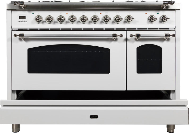 ILVE 48" Nostalgie - Dual Fuel Range with 7 Sealed Burners - 5 cu. ft. Oven - Griddle with Chrome Trim in White (UPN120FDMPBX) Ranges ILVE 