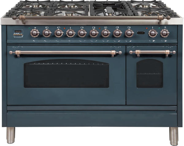 ILVE 48" Nostalgie Series Freestanding Double Oven Dual Fuel Range with 7 Sealed Burners and Griddle in Blue Grey with Bronze Trim (UPN120FDMPGUY) Ranges ILVE 