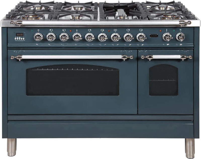 ILVE 48" Nostalgie Series Freestanding Double Oven Dual Fuel Range with 7 Sealed Burners and Griddle in Blue Grey with Chrome Trim (UPN120FDMPGUX) Ranges ILVE 