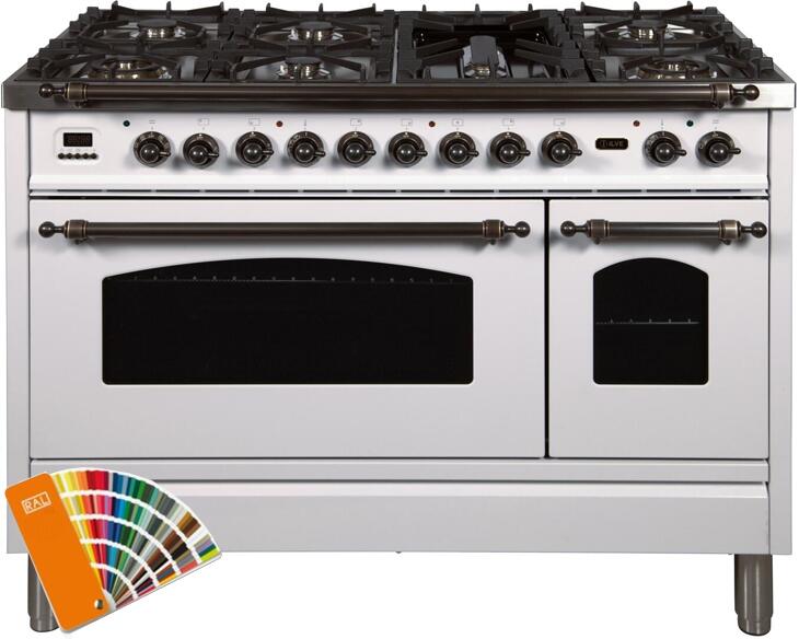 ILVE 48" Nostalgie Series Freestanding Double Oven Dual Fuel Range with 7 Sealed Burners and Griddle in Custom RAL Color with Bronze Trim (UPN120FDMPRALY) Ranges ILVE 