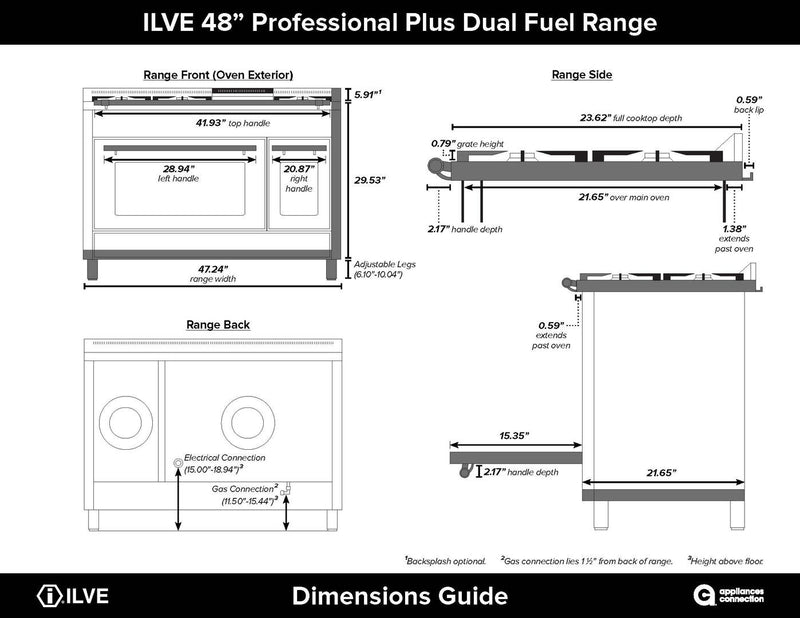 ILVE 48" Professional Plus Dual Fuel Range with 7 Sealed Burners - Double Ovens - Griddle - Matte Graphite (UPW120FDMPM) Ranges ILVE 