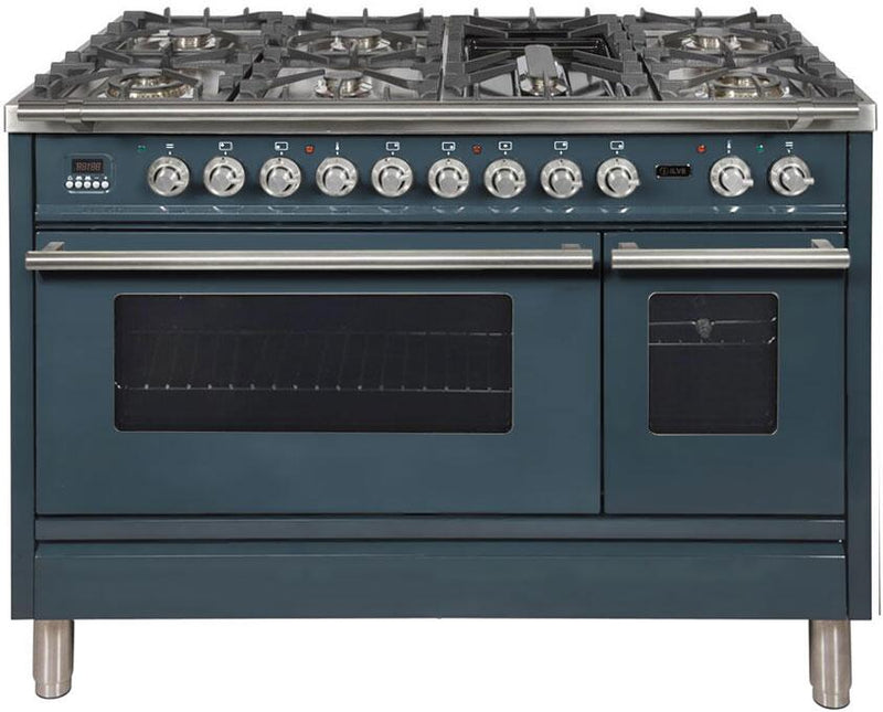 ILVE 48" Professional Plus Series Freestanding Double Oven Dual Fuel Range with 7 Sealed Burners in Blue Grey with Chrome Trim (UPW120FDMPGU) Ranges ILVE 