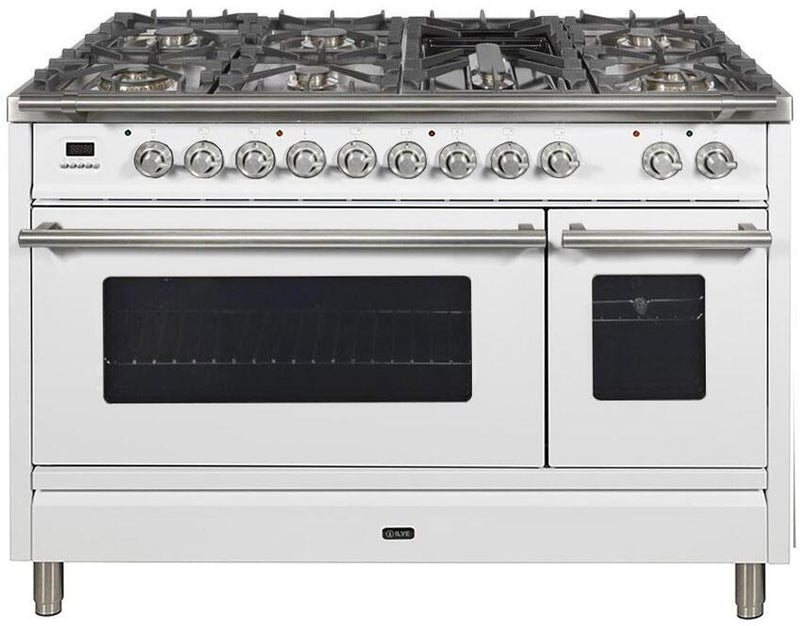 ILVE 48" Professional Plus Series Freestanding Double Oven Dual Fuel Range with 7 Sealed Burners in White with Chrome Trim (UPW120FDMPB) Ranges ILVE 