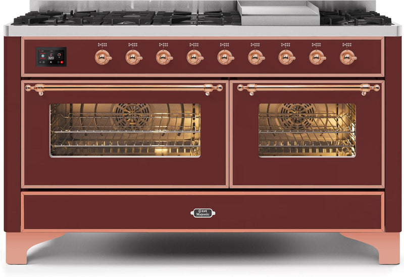 ILVE 60" Majestic II Dual Fuel Range - 9 Sealed Burners and Griddle - 5.8 cu. ft. Oven Copper Trim in Burgundy (UM15FDNS3BUP) Ranges ILVE 