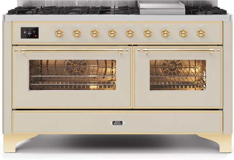 ILVE 60" Majestic II Dual Fuel Range with 9 Sealed Burners and Griddle - 5.8 cu. ft. Oven - Brass Trim in Antique White (UM15FDNS3AWG) Ranges ILVE 