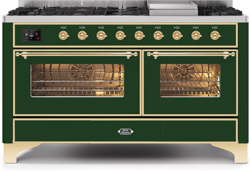 ILVE 60" Majestic II Dual Fuel Range with 9 Sealed Burners and Griddle - 5.8 cu. ft. Oven - Brass Trim in Emerald Green (UM15FDNS3EGG) Ranges ILVE 