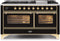 ILVE 60-Inch Majestic II Dual Fuel Range with 9 Sealed Burners and Griddle - 5.8 cu. ft. Oven - Brass Trim in Glossy Black (UM15FDNS3BKG)