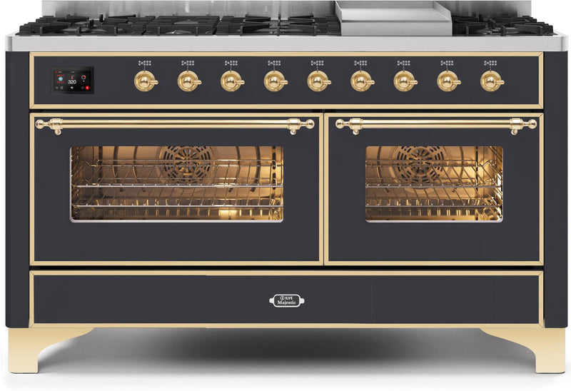 ILVE 60" Majestic II Dual Fuel Range with 9 Sealed Burners and Griddle - 5.8 cu. ft. Oven - Brass Trim in Matte Graphite (UM15FDNS3MGG) Ranges ILVE 