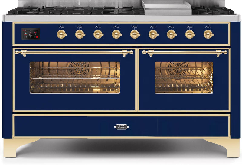 ILVE 60" Majestic II Dual Fuel Range with 9 Sealed Burners and Griddle - 5.8 cu. ft. Oven - Brass Trim in Midnight Blue (UM15FDNS3MBG) Ranges ILVE 