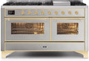 ILVE 60" Majestic II Dual Fuel Range with 9 Sealed Burners and Griddle - 5.8 cu. ft. Oven - Brass Trim in Stainless Steel (UM15FDNS3SSG) Ranges ILVE 