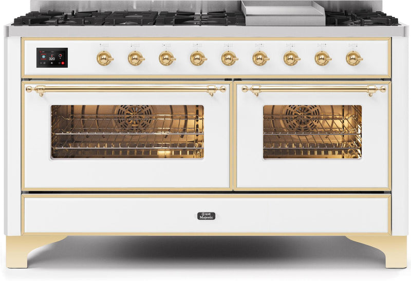 ILVE 60" Majestic II Dual Fuel Range with 9 Sealed Burners and Griddle - 5.8 cu. ft. Oven - Brass Trim in White (UM15FDNS3WHG) Ranges ILVE 