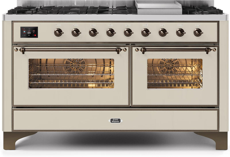 ILVE 60" Majestic II Dual Fuel Range with 9 Sealed Burners and Griddle - 5.8 cu. ft. Oven - Bronze Trim in Antique White (UM15FDNS3AWB) Ranges ILVE 